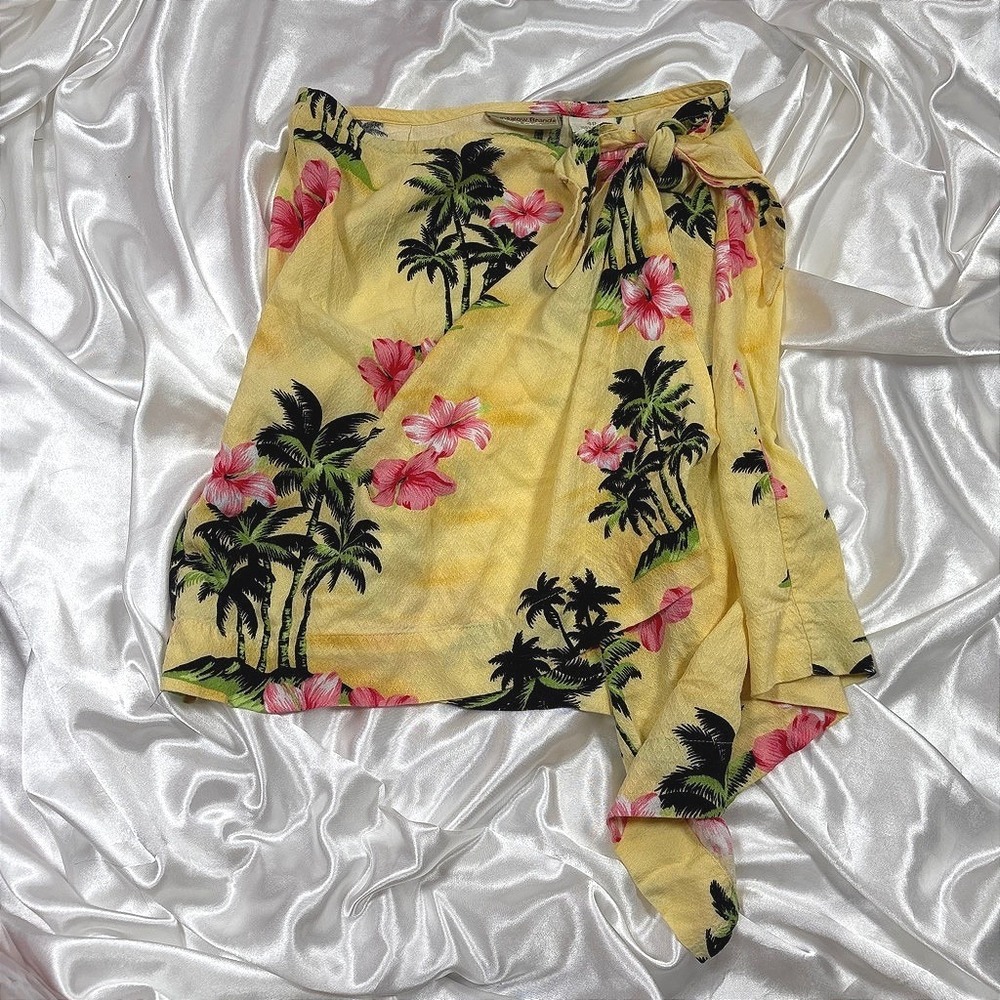 Vintage Wrap Skirt Yellow Excellent Tropical Palm Tree Hibiscus Rayon Mini
